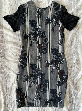Vintage 50s Dress Italian Wool Mod Midi Floral Stripe Mesh Size 8 (Tag 14)